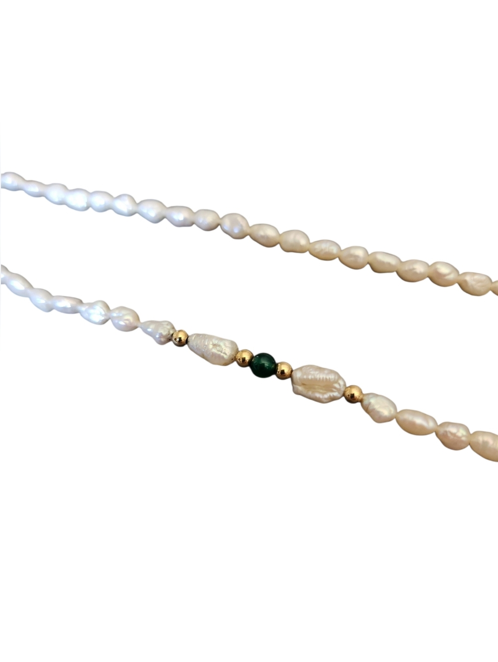 14k Gold Baroque Pearl and Green Malachite Station 30.5" Necklace